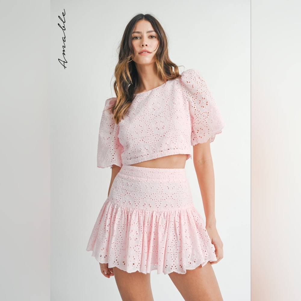 Amabelle By Mabel Eyelet Lace Puff Sleeve Crop Top & Skirt Set Size Small